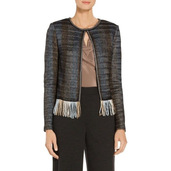 St. John Inlaid Ribbon Knit Fringe-Hem Jacket sz 6